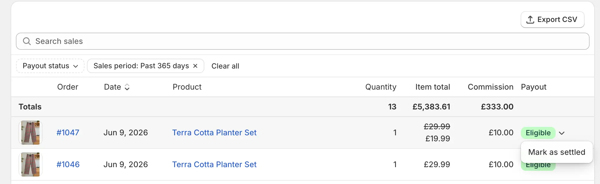 A sale's Eligible payout badge on the Sales page with its menu open, showing the Mark as settled action.